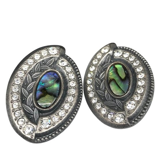 NURI Signed Inlaid Abalone Crystal and Leaves Evil Eye Design Pewter Stud Earrin - Picture 2 of 6
